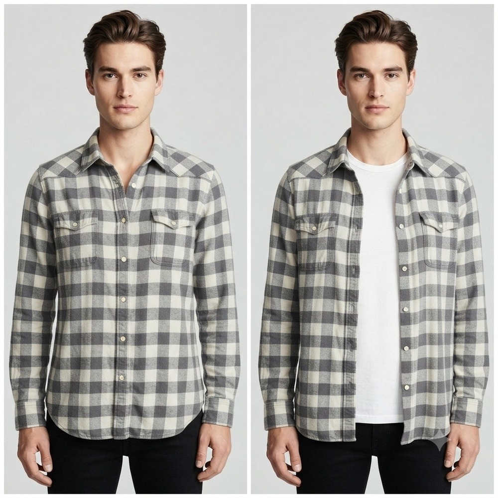Lucky Brand Shirt Mens L Black Label Grey Buffalo Plaid Western Snap Slim Fit